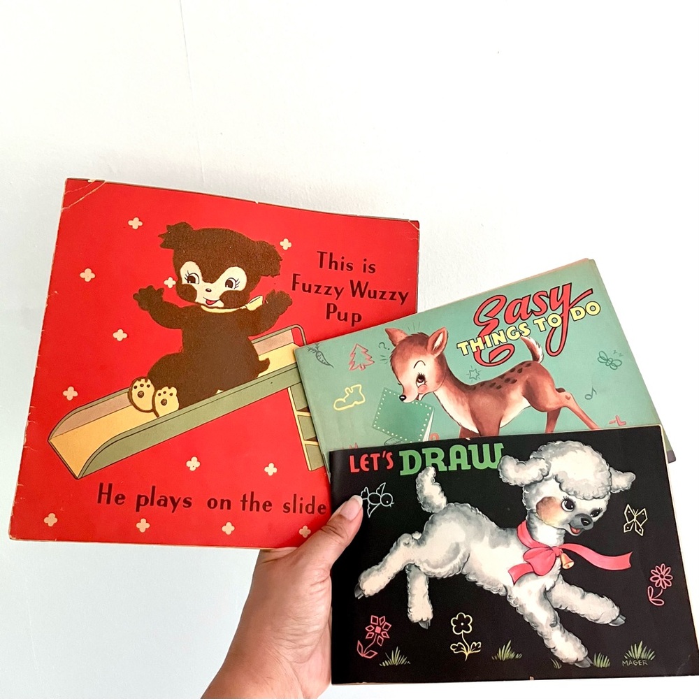Vintage 40’s children’s fuzzy puppy dog book & deer activity booklet set of 3